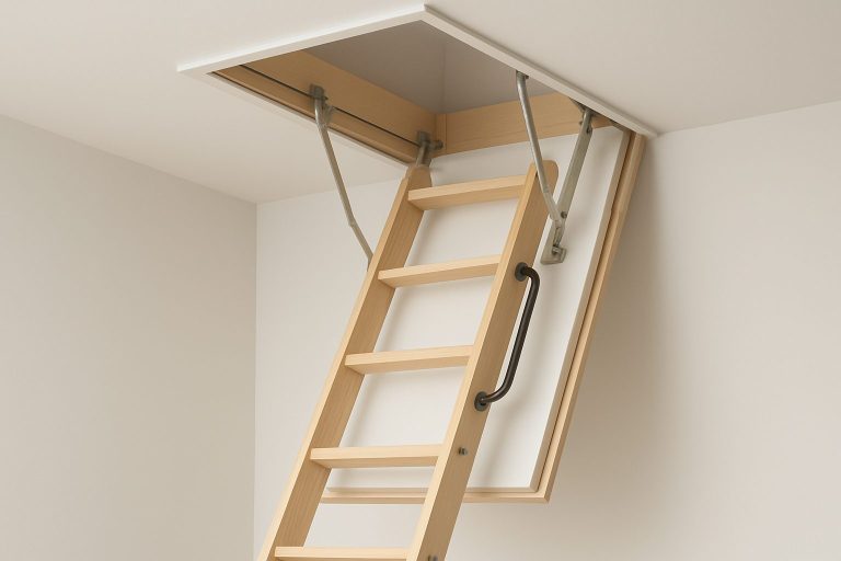 A wooden loft ladder extending from a ceiling hatch, showcasing a modern design for space-saving.