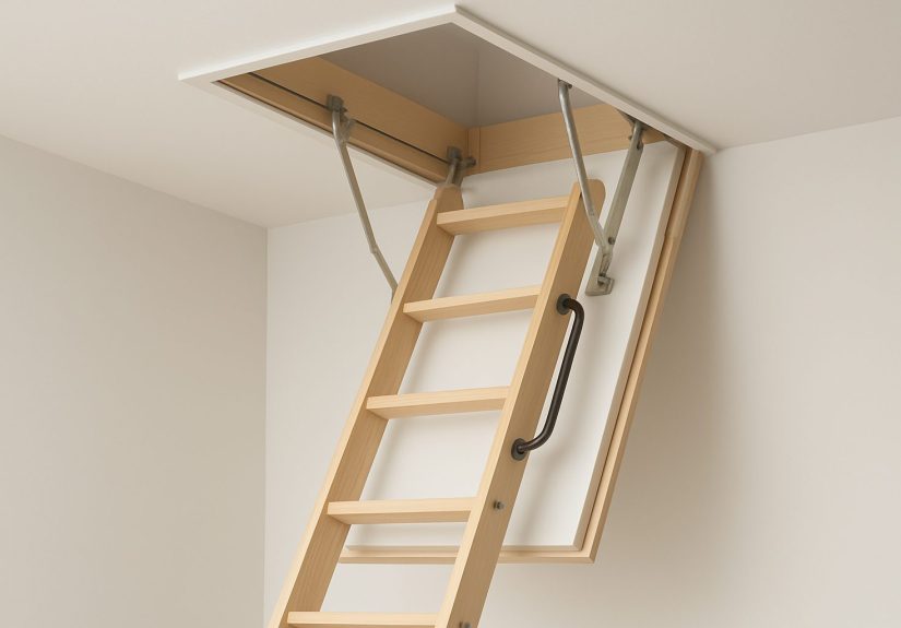 A wooden loft ladder extending from a ceiling hatch, showcasing a modern design for space-saving.